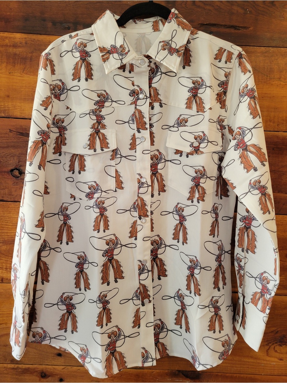 White and Brown Western Print Button-Up Shirt rodeo pearl snap